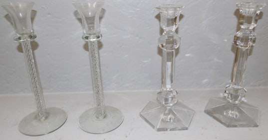 Two Pair of Crystal Candlesticks, (One Pair Signed Val St. Lambert, One Pair Hollow Swirl)