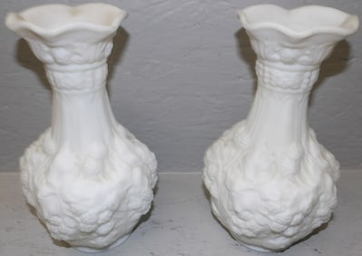 Pair of White Satin Glass Vases with Fruit Motif
