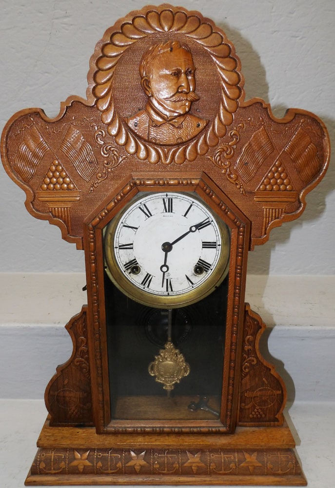 Antique "Admiral Dewey" Press Carved Oak Shelf Clock by Seth Thomas (1 of 7)