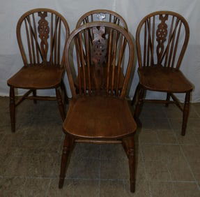 Set of Four Elm Wood Windsor Dining Chairs