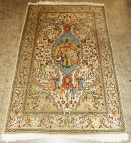 3' 8" x 5' 10" Hand Made Oriental Rug with Deer & Bird Motif