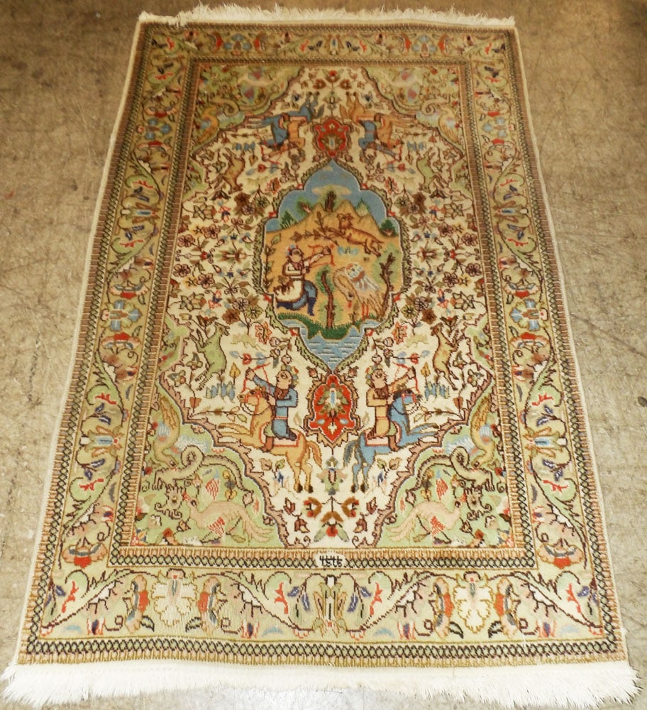 3' 8" x 5' 10" Hand Made Oriental Rug with Deer & Bird Motif (1 of 6)