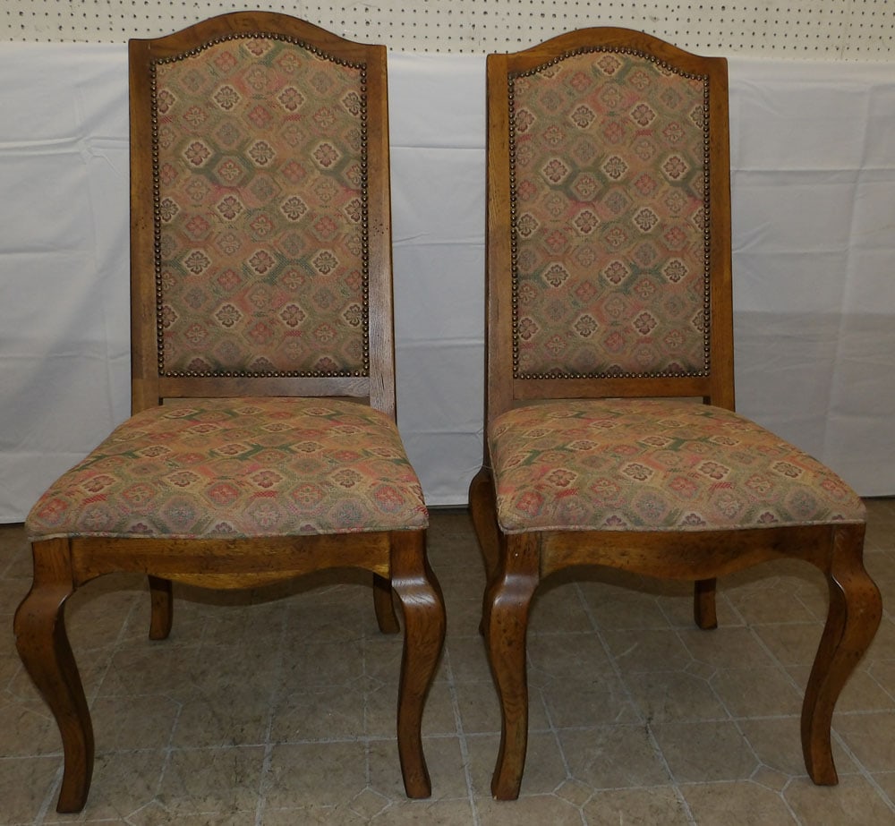 Pair of Oak & Upholstered Side Chairs by Drexel: Pair of Oak & Upholstered Side Chairs by Drexel. 44" H 22" W 21 1/2" D ALL DESCRIPTIONS AND ANY CONDITION STATEMENT GIVEN BY LANGSTON AUCTION GALLERY ARE STRICTLY OPINIONS AND LANGSTON'S SHALL HAVE NO