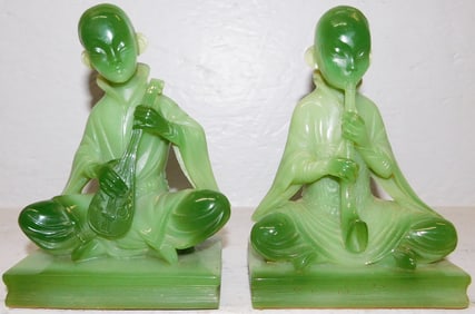 Pair of Faux Jade Oriental Figural Musician Bookends