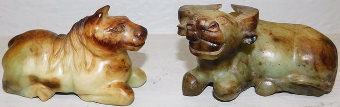 Pair of Oriental Carved Stone Paperweights of a Lion & Water Buffalo
