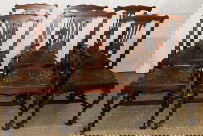 Set of 6 Mahogany Chippendale Ball & Claw Stretcher Base Chairs with Rush Seats Signed NS