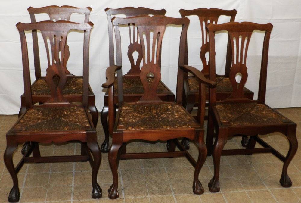 Set of 6 Mahogany Chippendale Ball & Claw Stretcher Base Chairs with Rush Seats Signed NS: Set of 6 Mahogany Chippendale Ball & Claw Stretcher Base Chairs with Rush Seats Signed NS. 38" H 21 1/4" W 19" D ALL DESCRIPTIONS AND ANY CONDITION STATEMENT GIVEN BY LANGSTON AUCTION GALLERY ARE STRI