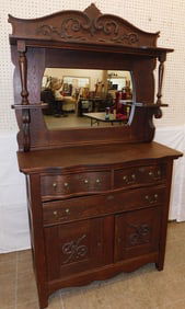 Antique Oak Two Piece Sideboard with Mirror Back