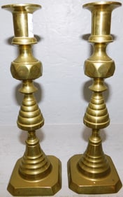 Pair of Antique Brass Beehive Candlesticks