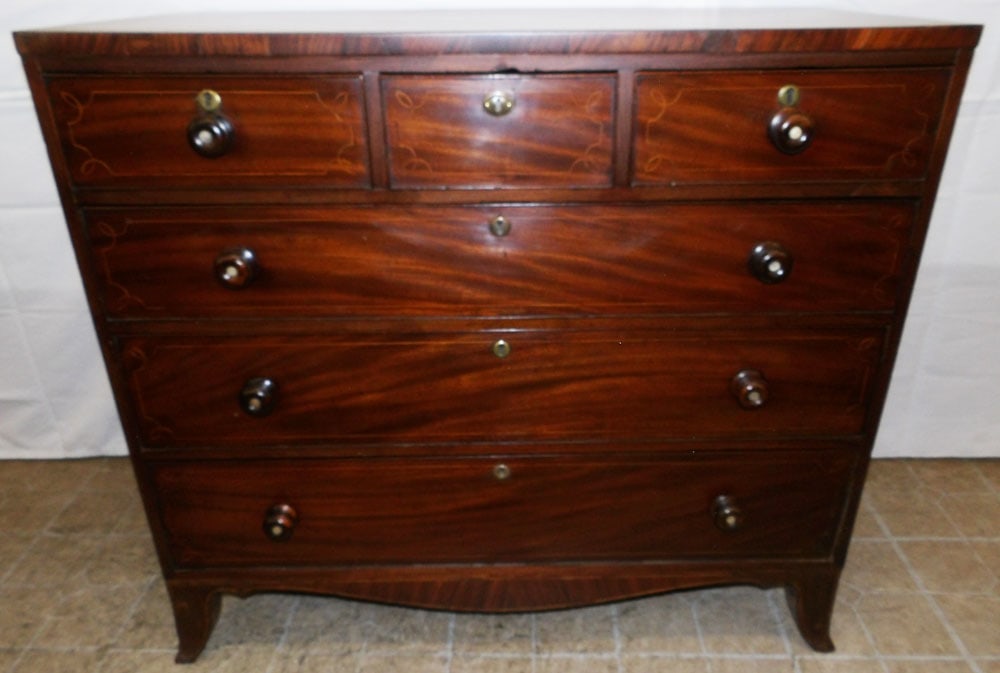 19th Century Mahogany Inlaid Three Over Three Drawer Chest : 19th Century Mahogany Inlaid Three Over Three Drawer Chest . 40 1/2" H 45" W 22" D ALL DESCRIPTIONS AND ANY CONDITION STATEMENT GIVEN BY LANGSTON AUCTION GALLERY ARE STRICTLY OPINIONS AND LANGSTON'S S