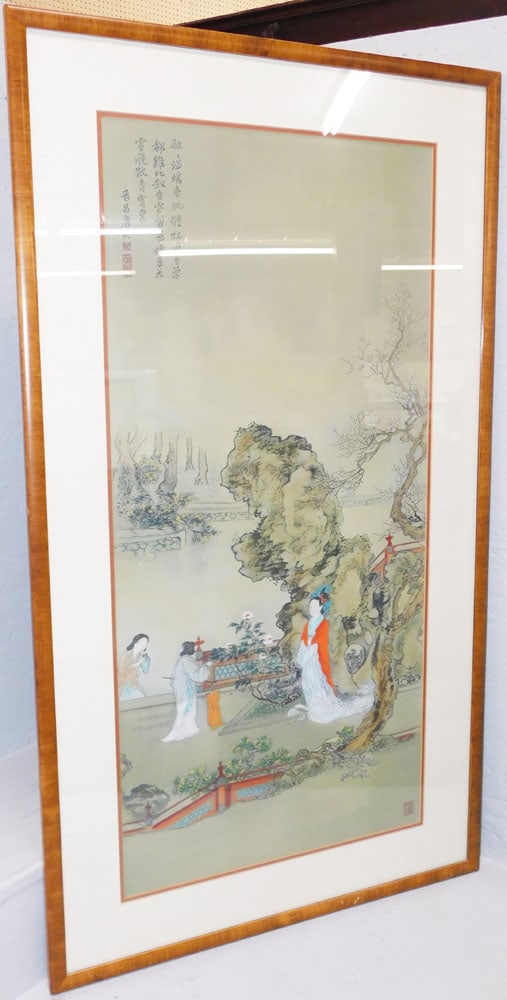 Framed Oriental Watercolor on Fabric Signed with Character Marks  (1 of 5)