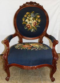 Carved Mahogany & Needlepoint Upholstered Victorian Style Arm Chair