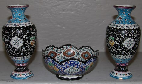 Three Piece Enamel Decorated on Copper Garniture Set