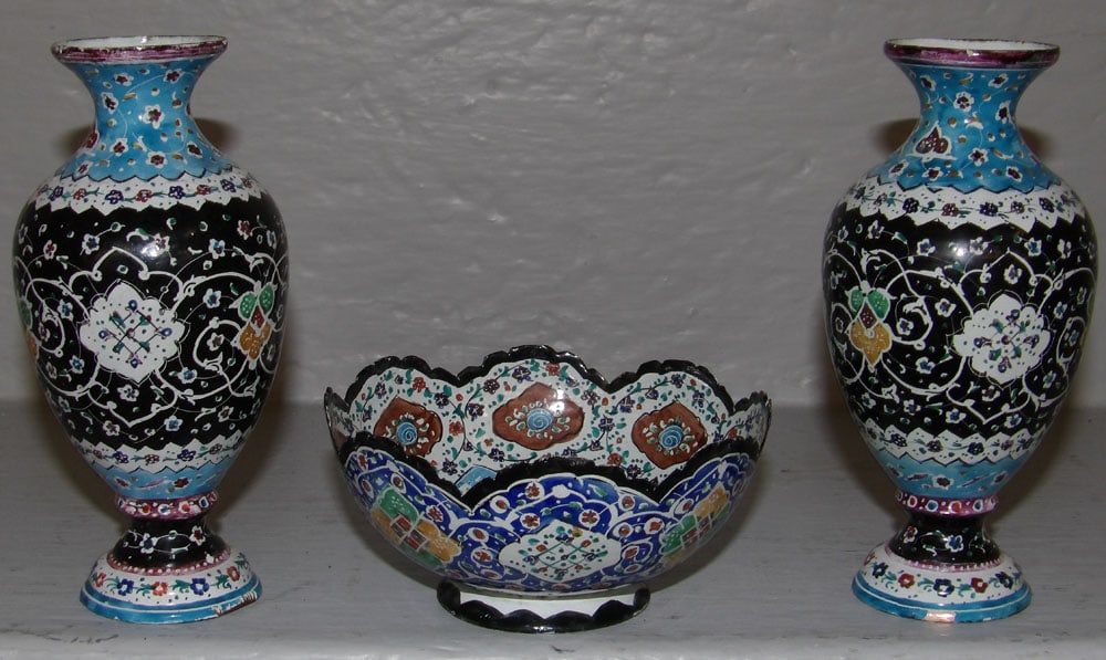 Three Piece Enamel Decorated on Copper Garniture Set  (1 of 4)
