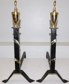 Pair of Polished Cast Iron & Brass Andirons