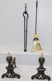 Pair of Cast Iron & Brass Fire Tools with Stands