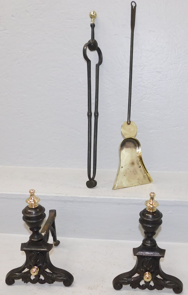 Pair of Cast Iron & Brass Fire Tools with Stands (1 of 5)