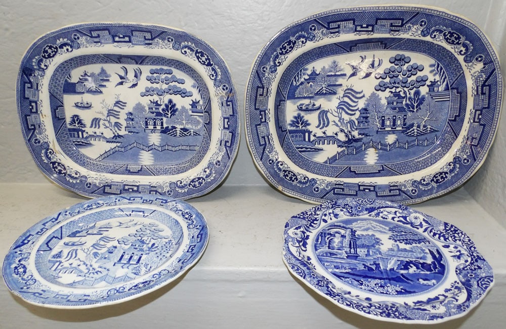 Two Antique Blue & White Transfer Plates & Two Blue Willow Platters (1 of 6)