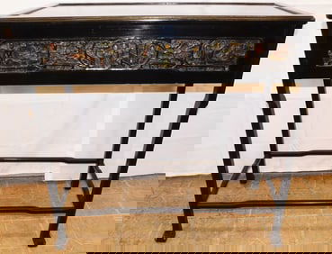 Oriental Black Lacquered Carved Wood Console