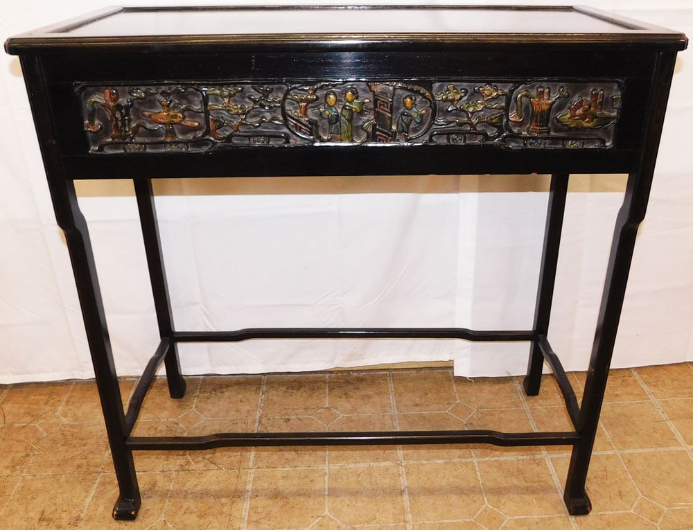 Oriental Black Lacquered Carved Wood Console: Oriental Black Lacquered Carved Wood Console. 34 1/4" H 34 1/4" W 16" D ALL DESCRIPTIONS AND ANY CONDITION STATEMENT GIVEN BY LANGSTON AUCTION GALLERY ARE STRICTLY OPINIONS AND LANGSTON'S SHALL HAVE N
