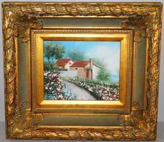 Ornate Gilded Frame Oil on Board of a Cottage in Floral Landscape