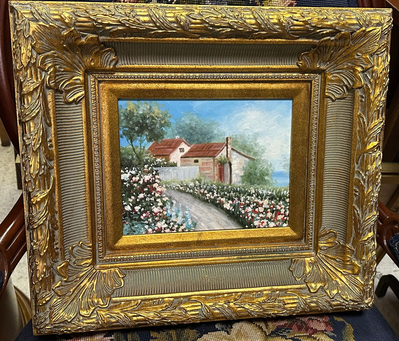 Ornate Gilded Frame Oil on Board of a Cottage in Floral Landscape: Ornate Gilded Frame Oil on Board of a Cottage in Floral Landscape . 18" x 19" ALL DESCRIPTIONS AND ANY CONDITION STATEMENT GIVEN BY LANGSTON AUCTION GALLERY ARE STRICTLY OPINIONS AND LANGSTON'S SHALL