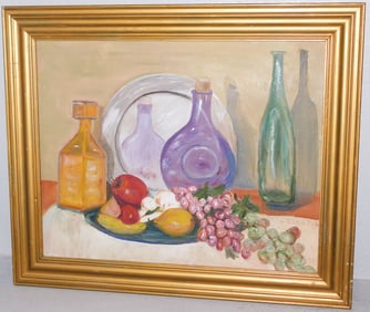 Mid Century Pastel Still Life on Canvas Signed L Blanton in Gilded Frame
