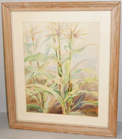Bleach Framed Country Scene Watercolor Still Life of Corn Tassels Signed & Dated El Marchant Martin