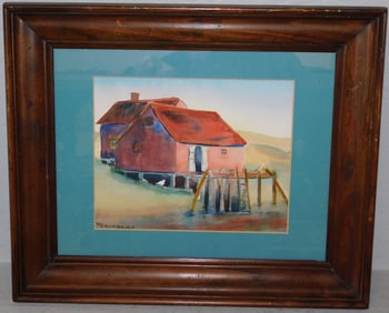 Framed Watercolor of a Cottage & Dock by the Water Signed M.Brumbaugh