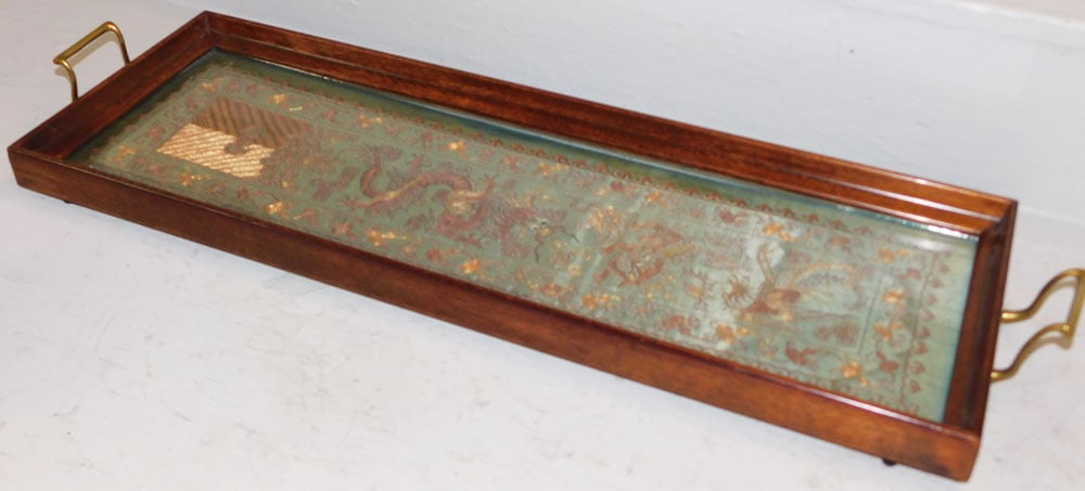 Mahogany Two Handled Rectangular Tray of a Chinese Silk Embroidery with Dragon & Floral Motifs: Mahogany Two Handled Rectangular Tray of a Chinese Silk Embroidery with Dragon & Floral Motifs. 9 1/4" x 29" ALL DESCRIPTIONS AND ANY CONDITION STATEMENT GIVEN BY LANGSTON AUCTION GALLERY ARE STRICTLY