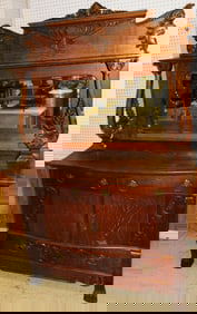 Antique Ornate Carved Oak Bevel Edge Mirror Sideboard with Dolphin Supports and Lion Faces