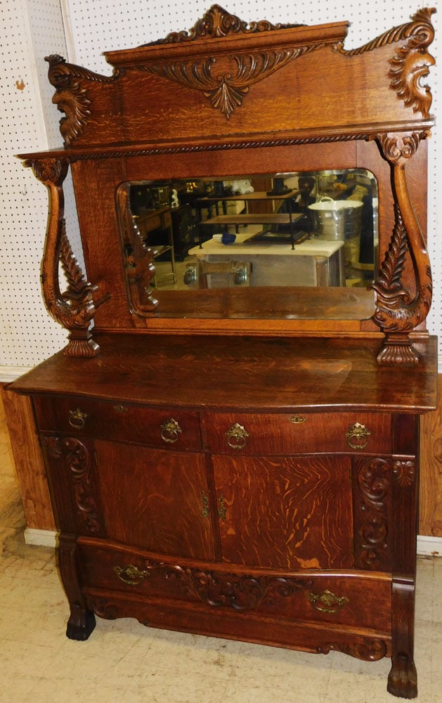 Antique Ornate Carved Oak Bevel Edge Mirror Sideboard with Dolphin Supports and Lion Faces (1 of 10)