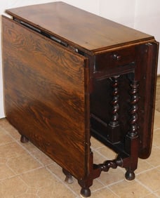 19th Century English Oak Barley Twist Gate Leg Drop Leaf Table with Drawer