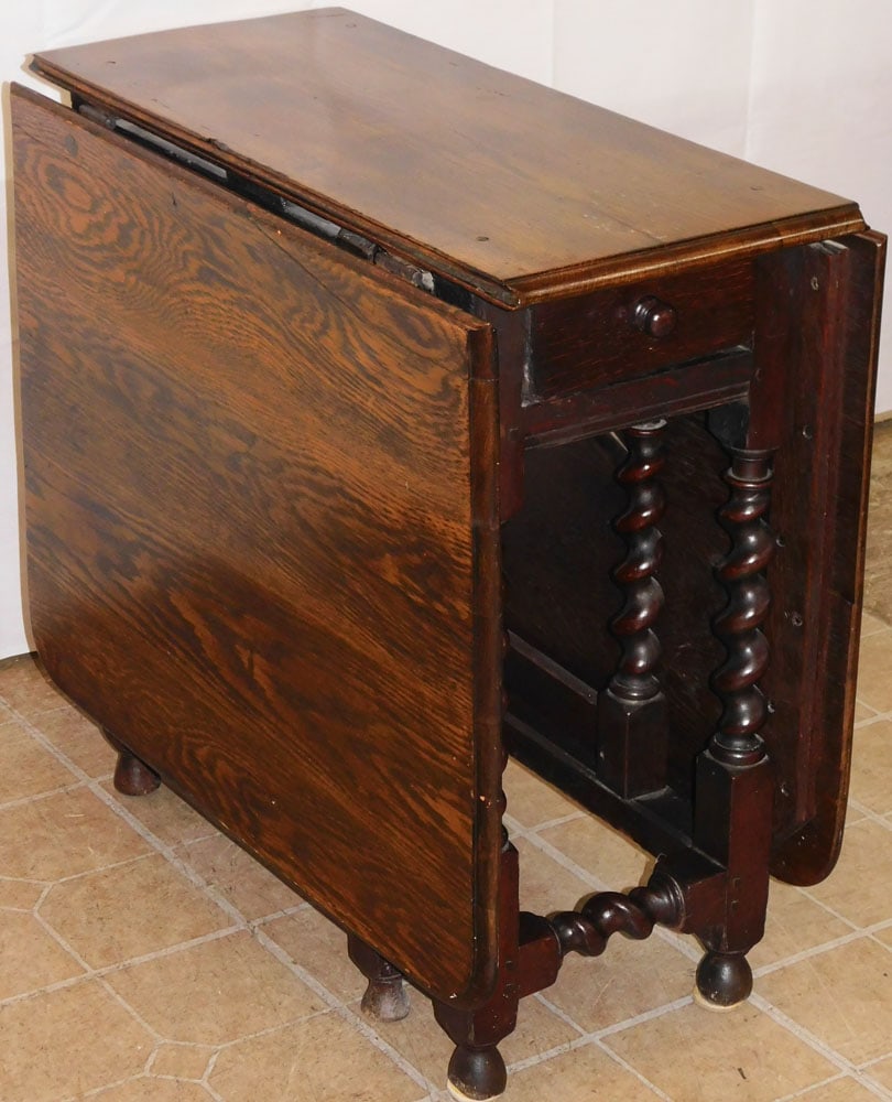 19th Century English Oak Barley Twist Gate Leg Drop Leaf Table with Drawer (1 of 7)