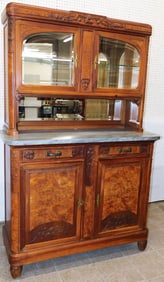 Antique Two Part Burl Walnut Marble Top Side Board