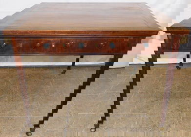 19th Century Mahogany Inlaid Draw Leaf Partners Desk Table With Three Drawers