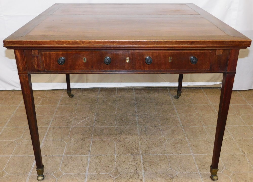 19th Century Mahogany Inlaid Draw Leaf Partners Desk Table With Three Drawers (1 of 12)