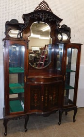 Antique Carved Mahogany Inlaid Two Part Etagere with Bevel Edge Mirror