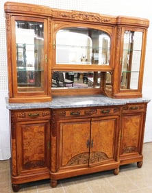 Antique Burl Walnut Two Part Side Board With Beveled Glass Doors & Mirrored Back
