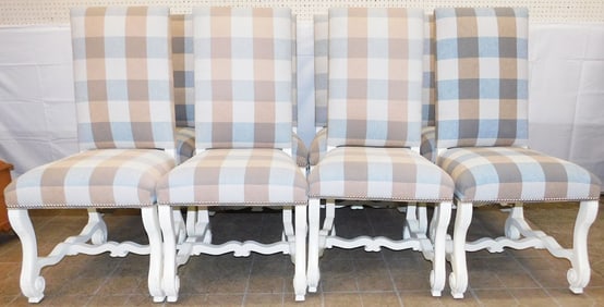 Set Eight Upholstered Painted Carved Wood Dining Chairs