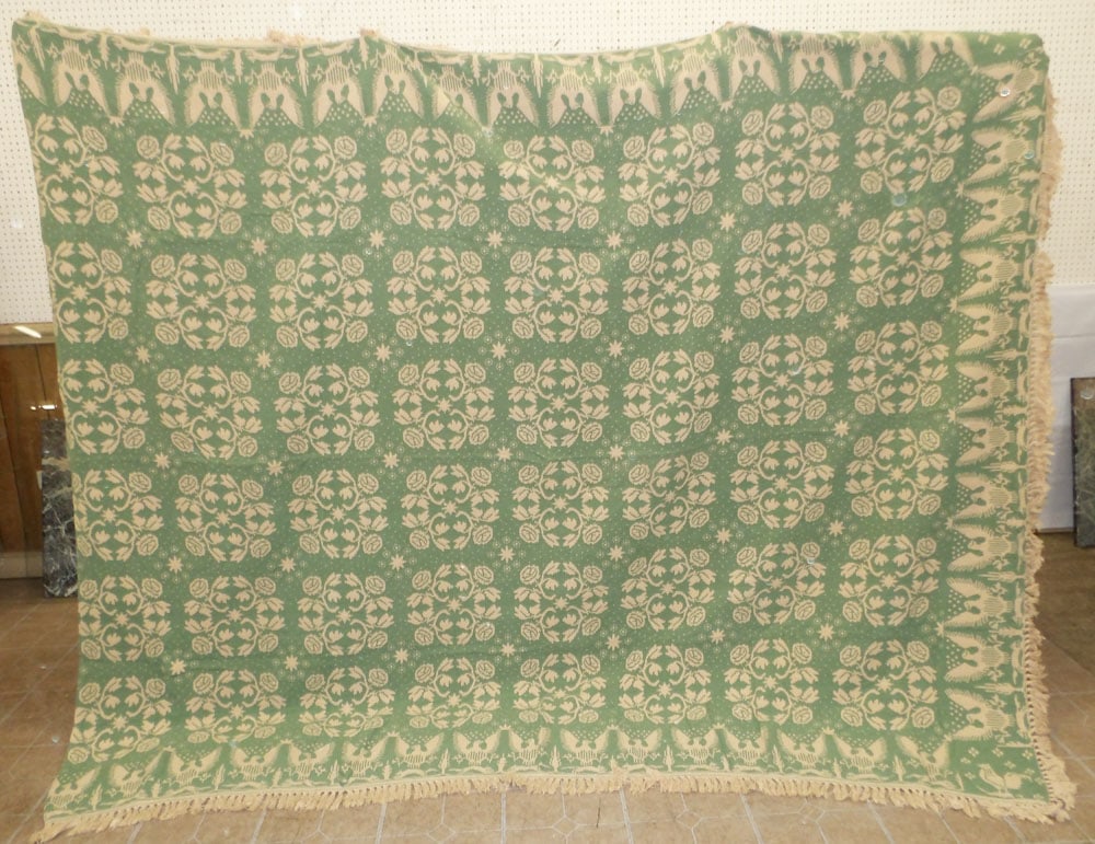 96" X 107" Historic Coverlet By Newport Reproductions: 96" X 107" Historic Coverlet By Newport Reproductions. ALL DESCRIPTIONS AND ANY CONDITION STATEMENT GIVEN BY LANGSTON AUCTION GALLERY ARE STRICTLY OPINIONS AND LANGSTON'S SHALL HAVE NO RESPONSIBILITY 