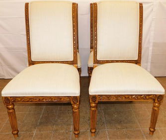 Set Four Upholstered Painted Carved Wood Dining Chairs
