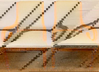 Pair Painted Carved Wood Upholstered Arm Chairs
