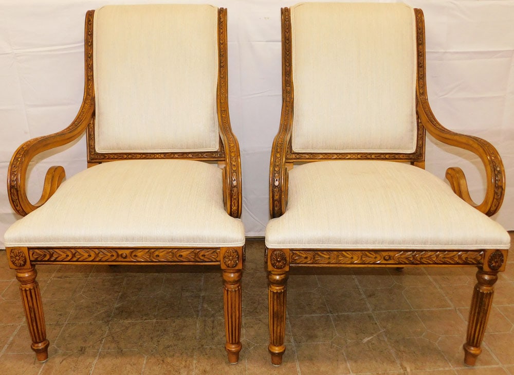 Pair Painted Carved Wood Upholstered Arm Chairs (1 of 5)
