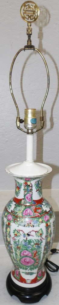 Rose Medallion Style Porcelain Vase Made Into Lamp: Rose Medallion Style Porcelain Vase Made Into Lamp. 32 3/4" H 6 1/2" Dia. ALL DESCRIPTIONS AND ANY CONDITION STATEMENT GIVEN BY LANGSTON AUCTION GALLERY ARE STRICTLY OPINIONS AND LANGSTON'S SHALL HAVE