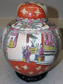 Rose Medallion Style Porcelain Ginger Jar On Teak Wood Stand