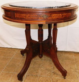 Antique Victorian Walnut Marble Top Center Table