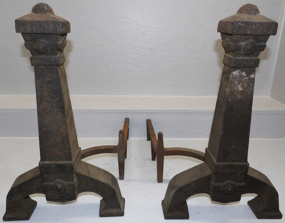 Pair Antique Cast Iron Andirons: Pair Antique Cast Iron Andirons. 21 3/4" H 13" W 22" D ALL DESCRIPTIONS AND ANY CONDITION STATEMENT GIVEN BY LANGSTON AUCTION GALLERY ARE STRICTLY OPINIONS AND LANGSTON'S SHALL HAVE NO RESPONSIBILITY
