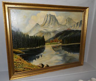 Antique Framed Oil On Canvas Mountain Scene