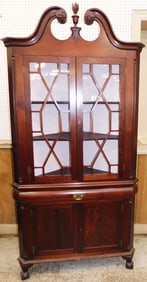Mahogany Two Part Glass Door Corner Cabinet With Broken Arch Top